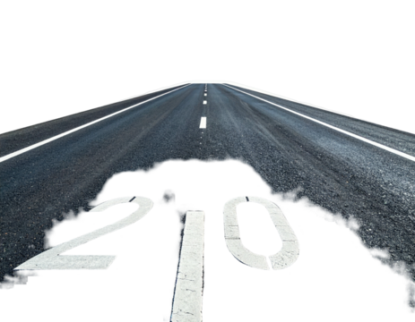 A straight road perspective, showing lane markings and speed limit numerals