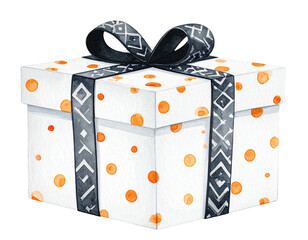 Watercolor illustration of a square gift box with orange dots and patterned black ribbon
