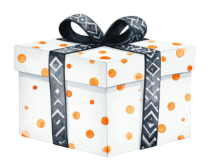 Watercolor illustration of a square gift box with orange dots and patterned black ribbon
