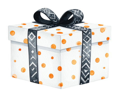 Watercolor illustration of a square gift box with orange dots and patterned black ribbon - Powered by Adobe