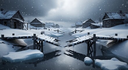 Eerie winter scene of an abandoned village along a narrow channel, flanked by decaying wooden shacks and broken piers. Heavy snowfall and moody lighting create a stark, forgotten atmosphere.