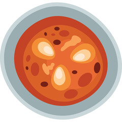 Top View of a Bowl of Tomato Soup with Large White Beans and Dark Red Beans in a Light Blue Bowl