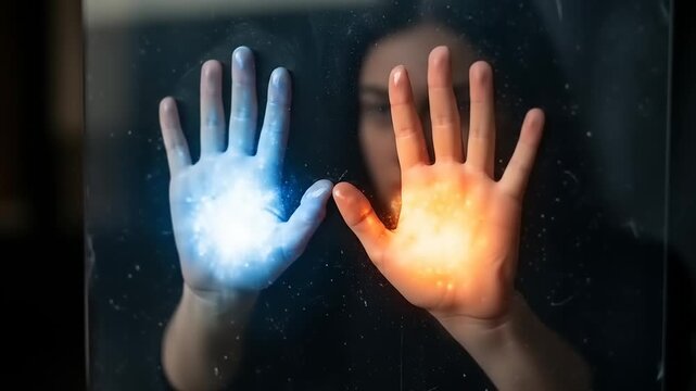Hands touching glass with glowing blue and orange light, representing connection and energy.