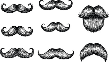 Collection of vintage hand drawn mustache and beard styles in black and white ink sketch artistic illustration