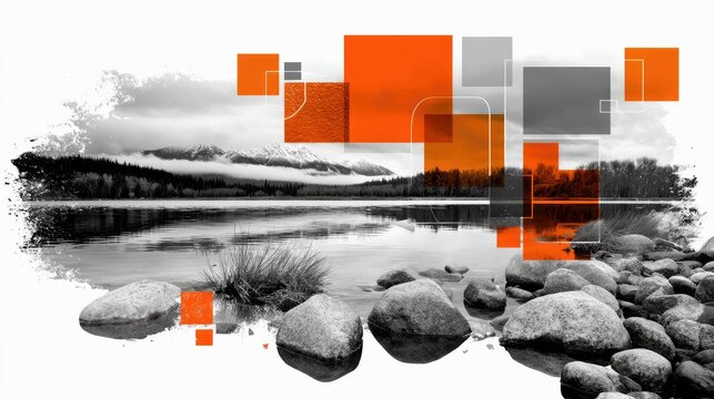 A tranquil lake landscape with mountains and trees, overlaid with abstract orange and gray geometric shapes.