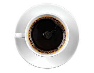 Overhead shot of a white coffee cup filled with rich, dark, and steaming liquid on saucer