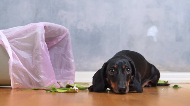 A black and tan dachshund lies on a wooden floor next to a tipped trash can with a pink liner and scattered green leaves, looking away with a guilty expression