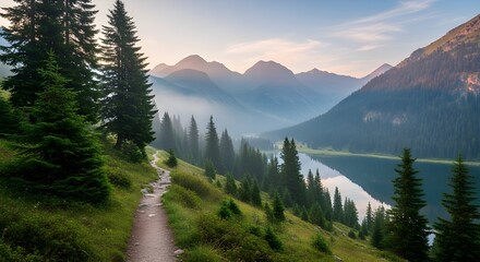 Scenic mountain trail leading to a calm lake surrounded by evergreen trees and majestic peaks under a hazy sky at sunrise