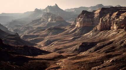 Massive arid canyon landscape stretches toward distant hazy mountain peaks