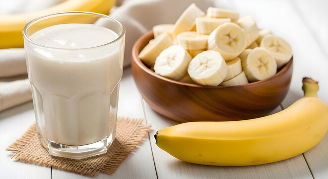 Refreshing banana smoothie with fresh sliced bananas in a wooden bowl on a white wooden table for healthy eating