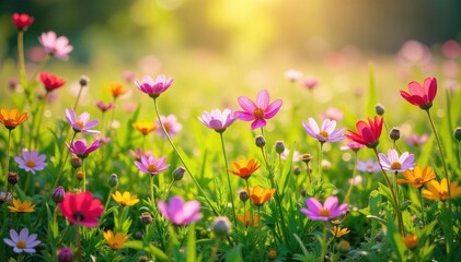 Obraz premium Vibrant meadow wildflowers in full bloom, bathed in sunlight A profusion of colors and textures creates a stunning natural scene perfect for backgrounds and nature projects , plant, botany, blue