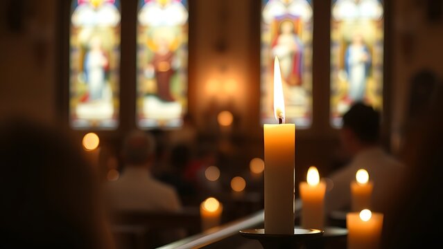 sermon. Peaceful Christian worship scene illuminated by candlelight, creating a serene spiritual atmosphere. event programs, museum guides, designed for cultural heritage projects and event programs.