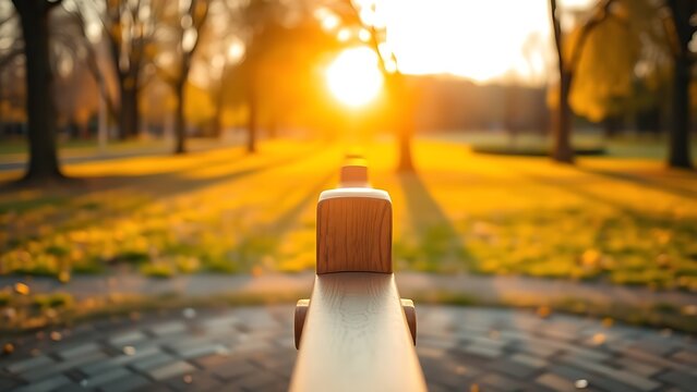 fulcrum. Wooden seesaw in a peaceful park at golden hour, showing perfect equilibrium. event key visuals, club posters, designed for sports event promotions and stadium branding.