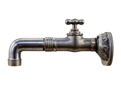 Old silver vintage faucet, isolated on transparent or white background