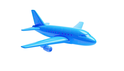 Bright blue toy airplane isolated against a black background; perspective view