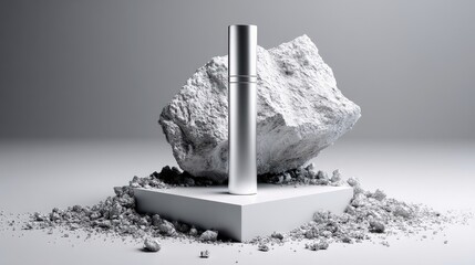 A sleek silver cosmetic bottle stands on a white geometric pedestal, surrounded by crushed white rock and stone fragments. The scene is illuminated by soft stud