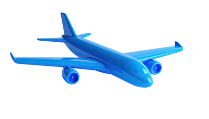 A sleek, blue rendered airplane isolated on a black background, angled
