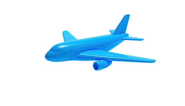 A blue, glossy, toy airplane, isolated on a black background, side view