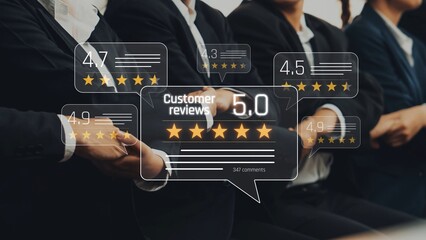 A business team engaged in discussing customer feedback highlighted by glowing ratings, showcasing...