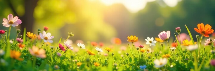 Vibrant wildflowers bursting into bloom in a lush green meadow under the bright spring sun Perfect for themes of renewal, growth, and the beauty of nature's awakening , vibrant, blossom, botany