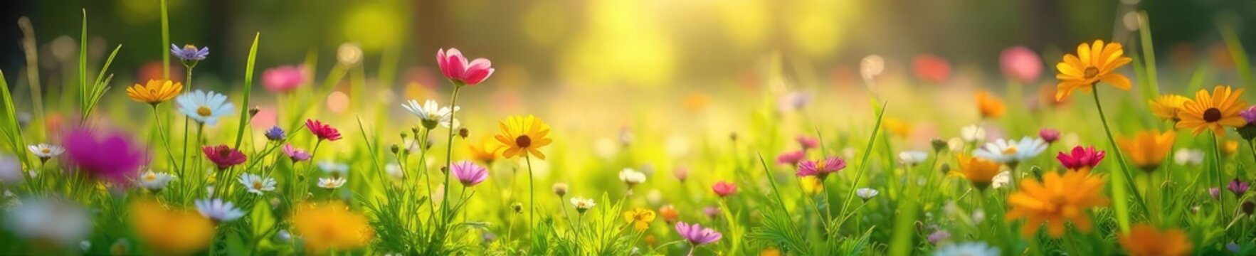 Fototapeta Vibrant wildflowers bursting into bloom in a lush green meadow, bathed in the warm sunlight of springtime Perfect for nature, spring, and floral themes , day, close up, spring