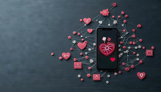 A smartphone is at the center of a network of hearts and icons, symbolizing digital connections and romance. The background is dark and textured. - Powered by Adobe