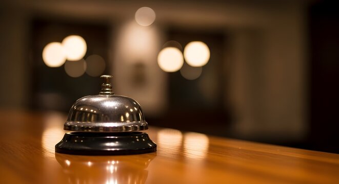 Close up of a silver reception bell on a shiny wooden counter with a blurred background in a hotel lobby