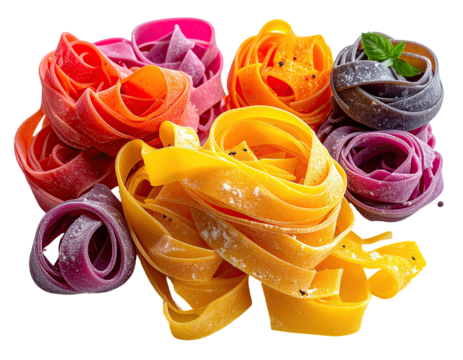 Vibrant, colorful nests of fresh pasta, artfully arranged against a black backdrop
