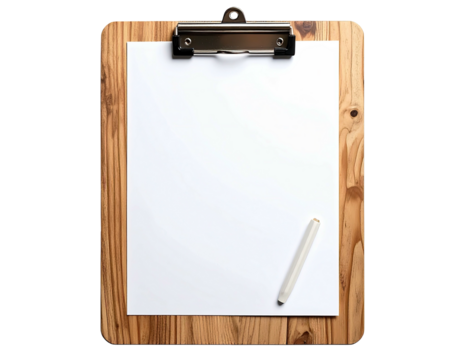 Top-down view White paper and clip on a wooden board with a pen