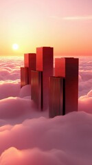 A surreal cityscape of modern skyscrapers rising from a sea of soft, pink clouds during a vibrant sunset, bathed in the warm glow of golden hour.