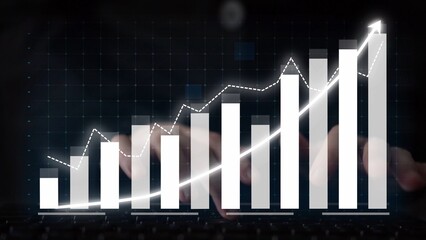 This image illustrates a modern financial data visualization featuring a growth chart and a soft-focus keyboard background, symbolizing success in analysis and business. Copula
