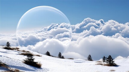 A surreal winter landscape with snow-covered hills and sparse evergreen trees. A large, transparent sphere dominates the scene, reflecting the fluffy white clou