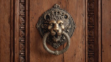 Ornate bronze lion head knocker is affixed to a richly textured wooden door panel