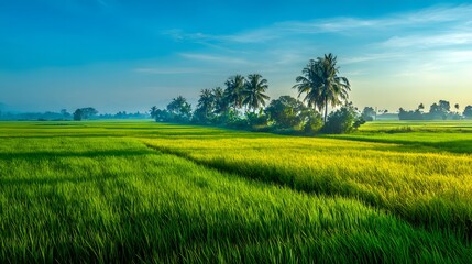 Obraz premium Expansive tropical grain fields stretch toward a distant tree line under a bright blue sky