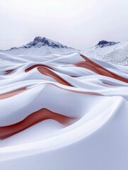 Abstract landscape of snow-draped sand dunes and rocky mountains under a soft, overcast sky. The contrast between the white snow and the exposed reddish-brown s
