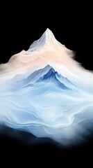 Abstract artistic representation of snow-capped mountain peaks emerging from soft, pastel-colored clouds against a dark background, suggesting a sunrise or dawn