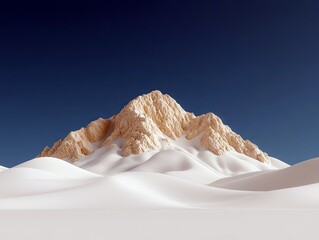 A majestic, snow-covered mountain range with rugged peaks, set against a deep blue sky. The foreground features smooth, undulating snowdrifts, creating a serene