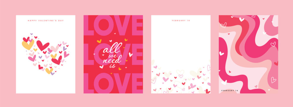 Set of four vibrant, modern Valentine's Day vertical cards or poster templates with colorful hearts, bold typography, and abstract pink wave patterns.