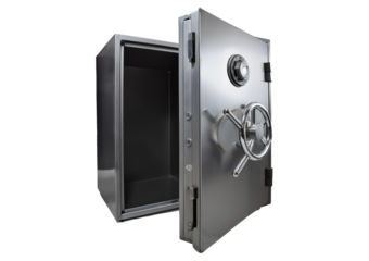 Steel safe vault with open door isolated on transparent or white background