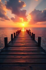 Obraz premium Rustic wooden pier stretches into calm ocean water at sunset Perfect for travel, vacation, or coastal themed projects Tranquil scene with beautiful natural light , beautiful, landscape, pier