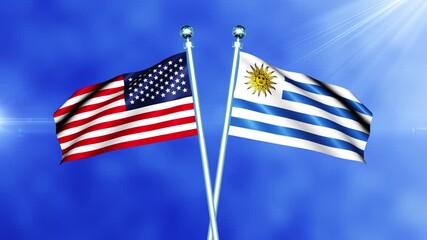 USA and Uruguay Flag Waving On Pole Loop