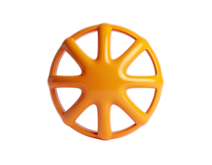 A bright orange, stylized, spherical object with multiple arched struts