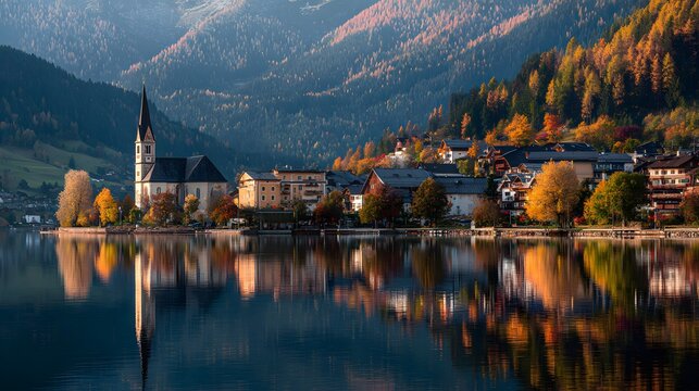 Picturesque European village nestled beside a calm lake with vibrant autumn foliage and mountain backdrop