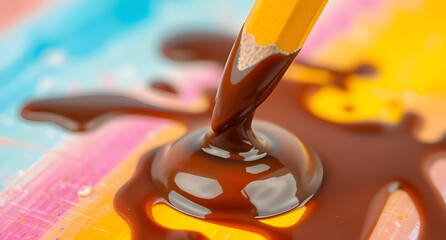 A macro, close-up shot of the sharpened tip of a yellow pencil being dipped into thick, dark chocolate syrup.