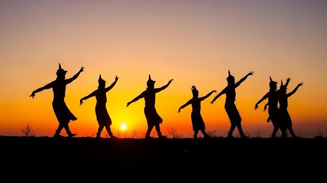 Silhouette of Thai traditional dancers performing during sunset, capturing cultural heritage and vibrant sky.