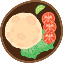 Top View of a Delicious Round Flatbread Served with Fresh Lettuce Slices of Tomato and a Wedge of Lime in a Round Brown Bowl on a Transparent Background