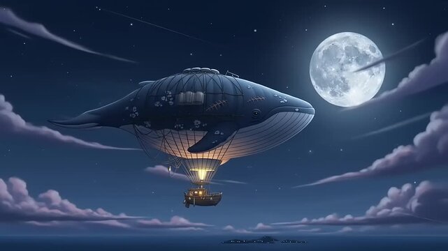 Whale Airship Soaring Through a Dreamy Night Sky with a Full Moon.
