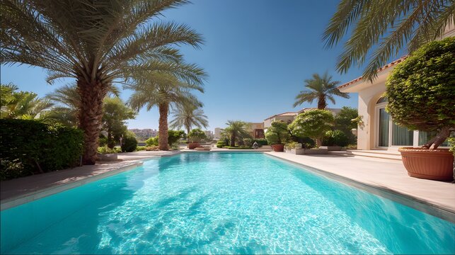 Luxurious private residence features an elongated swimming pool surrounded by lush tropical palm trees under a clear blue sky
