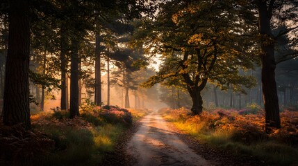 Obraz premium Golden morning light streams through dense forest illuminating a dirt path winding through trees.