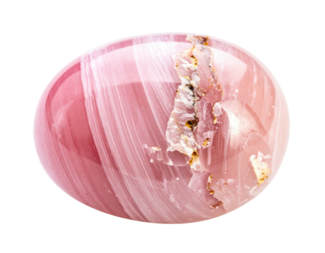 Polished pink gemstone with swirling, layered patterns and a rough, crystalline area